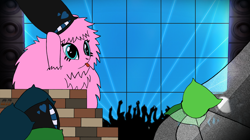 Size: 3400x1900 | Tagged: safe, alternate version, artist:qnighter, oc, oc only, oc:fluffle puff, pony, bricks, cracked screen, party, pillow, solo, speaker, stage light
