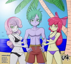 Size: 2000x1799 | Tagged: safe, alternate version, artist:oldskullkid, apple bloom, spike, sweetie belle, equestria girls, g4, apple bloom's bow, beach, bikini, bow, clothes, commission, female, hair bow, human spike, male, ocean, ship:spikebelle, ship:spikebloom, shipping, shorts, spike gets all the mares, straight, swimsuit, tree, water