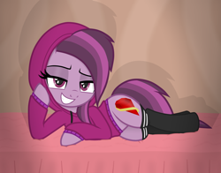 Size: 2752x2162 | Tagged: safe, artist:chomakony, oc, oc only, oc:ruby geminis, earth pony, pony, alternate clothes, bed, bedroom eyes, clothes, draw me like one of your french girls, earth pony oc, female, high res, holding head, hoodie, hoof on cheek, lidded eyes, looking at you, lying down, mare, show accurate, smiling, smug, socks, solo, sweatshirt, wide hips