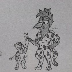 Size: 2156x2156 | Tagged: safe, artist:drheartdoodles, oc, oc only, oc:helios, oc:rubi, griffon, anthro, high five size difference, high res, smiling, traditional art