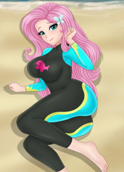 Size: 1502x2069 | Tagged: safe, artist:anonix123, fluttershy, equestria girls, adorasexy, ass, barefoot, beach, big breasts, blushing, boobs and butt pose, breasts, busty fluttershy, butt, clothes, cute, feet, female, fluttershy's wetsuit, human coloration, lidded eyes, lipstick, looking at you, on side, sexy, smiling, solo, swimsuit, wetsuit