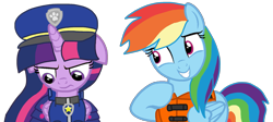 Size: 1939x869 | Tagged: safe, alternate version, artist:徐詩珮, rainbow dash, twilight sparkle, alicorn, pegasus, pony, series:sprglitemplight diary, series:sprglitemplight life jacket days, series:springshadowdrops diary, series:springshadowdrops life jacket days, g4, alternate universe, background removed, chase (paw patrol), clothes, cute, dashabetes, duo, eyelashes, female, frown, grin, hat, lifejacket, looking down, mare, paw patrol, paw prints, raised hoof, simple background, smiling, transparent background, twilight sparkle (alicorn), twilight sparkle is not amused, unamused