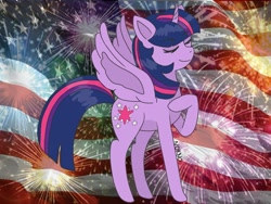 Size: 1024x768 | Tagged: safe, artist:nokno, twilight sparkle, alicorn, pony, g4, 4th of july, american flag, american independence day, eyes closed, female, fireworks, flag, holiday, hoof on chest, mare, mouthpiece, redraw, salute, solo, song reference, standing, star spangled banner, twilight sparkle (alicorn), united states