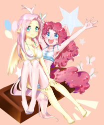 Size: 1748x2091 | Tagged: safe, artist:d战, fluttershy, pinkie pie, human, g4, anime, bikini, clothes, cutie mark background, eared humanization, female, humanized, lesbian, looking at you, midriff, raised arms, ship:flutterpie, shipping, simple background, sitting, sitting on lap, smiling, smiling at you, swimsuit, tailed humanization