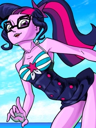 Size: 765x1018 | Tagged: safe, artist:dadss_rootbeer, artist:xjleiu, sci-twi, twilight sparkle, equestria girls, equestria girls specials, g4, my little pony equestria girls: better together, my little pony equestria girls: forgotten friendship, blue swimsuit, clothes, female, glasses, looking at you, ocean, one-piece swimsuit, pixiv, ponytail, sky, sleeveless, solo, striped swimsuit, swimsuit, tricolor swimsuit