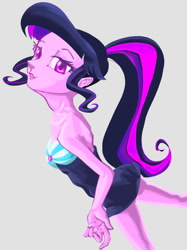 Size: 755x1012 | Tagged: safe, artist:dadss_rootbeer, artist:xjleiu, sci-twi, twilight sparkle, equestria girls, equestria girls series, forgotten friendship, g4, clothes, female, gray background, looking at you, missing accessory, no glasses, one-piece swimsuit, open-back swimsuit, pixiv, ponytail, simple background, solo, striped swimsuit, swimsuit, tricolor swimsuit