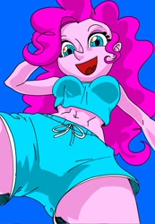 Size: 709x1022 | Tagged: safe, artist:dadss_rootbeer, artist:xjleiu, pinkie pie, equestria girls, g4, belly button, breasts, clothes, female, from below, looking at you, low angle, pixiv, shorts, smiling, smiling at you, solo, tank top