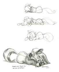 Size: 1100x1343 | Tagged: safe, artist:baron engel, marble pie, earth pony, pony, g4, cap, clothes, female, hat, jacket, mare, monochrome, pencil drawing, sleeping, style emulation, traditional art