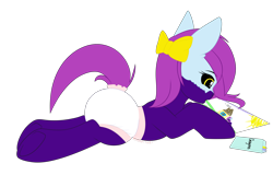 Size: 3000x1920 | Tagged: safe, artist:xcinnamon-twistx, oc, oc only, oc:aeris strider, earth pony, pony, adult foal, black sclera, bow, crayon, cute, diaper, diaper fetish, drawing, female, fetish, filly, foal, mouth hold, non-baby in diaper, paper, poofy diaper, simple background, solo, transparent background, underhoof