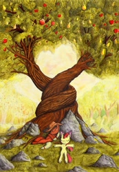 Size: 1024x1477 | Tagged: safe, artist:konsumo, apple bloom, applejack, earth pony, pony, g4, adorabloom, apple, apple tree, applejack's hat, cowboy hat, cute, detailed, food, hat, intertwined trees, jackabetes, pear, pear tree, rock, sweet apple acres, traditional art, tree