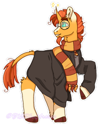 Size: 628x782 | Tagged: safe, artist:plagued-arts, sunburst, pony, unicorn, g4, cape, clothes, crossover, glasses, gryffindor, harry potter (series), male, robe, scarf, simple background, smiling, solo, stallion, transparent background, uniform, wizard