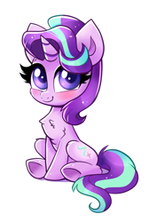 Size: 2120x2990 | Tagged: safe, artist:confetticakez, starlight glimmer, pony, unicorn, g4, blushing, chest fluff, chibi, cute, daaaaaaaaaaaw, female, glimmerbetes, high res, looking at you, mare, shadow, simple background, sitting, solo, underhoof, white background
