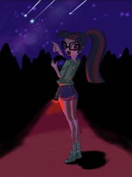 Size: 686x920 | Tagged: safe, artist:dadss_rootbeer, artist:xjleiu, sci-twi, twilight sparkle, equestria girls, g4, clothes, female, flashlight (object), glasses, hoodie, looking at you, looking back, night, outdoors, pointing, ponytail, shoes, shooting star, shorts, sky, smiling, smiling at you, sneakers, socks, solo