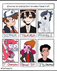 Size: 1080x1350 | Tagged: safe, artist:hatarakuoniisan, rumble, gem (race), ghost, human, pegasus, pony, undead, g4, :p, ashley spinelli, baseball cap, bust, cap, clothes, colt, crossover, dipper pines, female, gravity falls, hat, heathers the musical, male, osomatsu-san, recess, six fanarts, spinel (steven universe), spoilers for another series, steven universe, steven universe: the movie, toilet-bound hanako-kun, tongue out