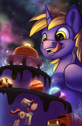 Size: 1628x2500 | Tagged: safe, artist:tsitra360, oc, oc only, oc:aether lux, oc:mocha sprinkles, oc:pan sizzle, pony, unicorn, cake, cosmic wizard, dessert, female, food, giant unicorn, giga giant, macro, male, mare, open mouth, orbit, planet, pony bigger than a planet, pony bigger than a pony bigger than a planet, pony bigger than a star, stallion, sun, tongue out, truck