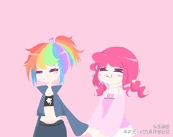 Size: 1363x1079 | Tagged: dead source, safe, artist:亚凛酸, pinkie pie, rainbow dash, human, g4, :3, blushing, chibi, clothes, cute, cutie mark, cutie mark on clothes, duo, eyes closed, female, hair ornament, holding hands, humanized, lesbian, pigtails, pink background, ponytail, ship:pinkiedash, shipping, simple background, twintails