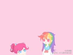 Size: 1440x1080 | Tagged: dead source, safe, artist:亚凛酸, pinkie pie, rainbow dash, human, g4, blush sticker, blushing, chibi, clothes, female, humanized, japanese school uniform, looking at each other, pink background, ponytail, school uniform, simple background