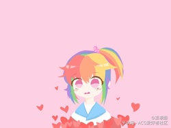 Size: 1440x1080 | Tagged: dead source, safe, artist:亚凛酸, pinkie pie, rainbow dash, human, g4, blushing, chibi, female, floating heart, hair ornament, heart, humanized, open mouth, pink background, ponytail, simple background, solo