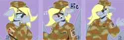 Size: 1280x416 | Tagged: safe, artist:sintacle, derpy hooves, pegasus, anthro, g4, army, bedroom eyes, blushing, clothes, commission, covering, digital art, drunk, emotes, eyes closed, female, floppy ears, glasses, hat, implied vomit, solo, spread wings, wings