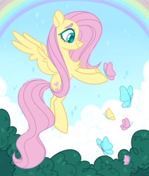 Size: 1731x2048 | Tagged: safe, artist:n in a, fluttershy, butterfly, pegasus, pony, g4, chest fluff, cute, female, flying, rainbow, shyabetes, smiling, solo, wingding eyes