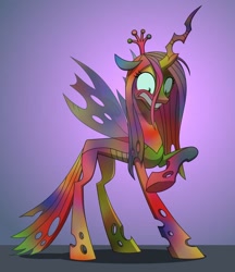 Size: 830x962 | Tagged: safe, artist:5bap99, queen chrysalis, changeling, changeling queen, fanfic:pregnant noses know, g4, colored wings, crown, fanfic art, female, jewelry, link in description, multicolored hair, multicolored wings, regalia, revenge, shocked expression, tie dye, what has shining armor done, wings