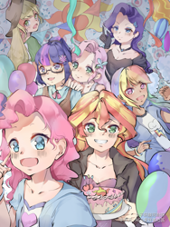 Size: 1880x2504 | Tagged: dead source, safe, artist:zixuan, applejack, fluttershy, pinkie pie, rainbow dash, rarity, sci-twi, sunset shimmer, twilight sparkle, equestria girls, g4, applejack's hat, balloon, cake, clothes, cowboy hat, female, food, gloves, hand on shoulder, hat, human coloration, humane five, humane seven, humane six, jacket, jewelry, leather jacket, looking at you, looking back, necklace, smiling, smiling at you