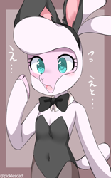 Size: 700x1120 | Tagged: dead source, safe, artist:picklescatt, pom (tfh), sheep, semi-anthro, them's fightin' herds, arm hooves, belly button, blushing, bowtie, bunny ears, bunny suit, clothes, cloven hooves, community related, female, japanese, solo