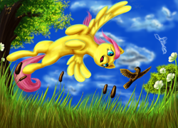 Size: 5000x3591 | Tagged: safe, artist:piiec, fluttershy, bird, pegasus, pony, g4, absurd file size, absurd resolution, cloud, female, flower, flying, grass, mare, tree, upside down