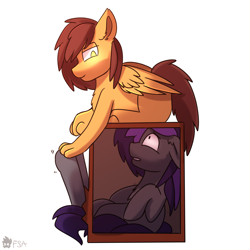 Size: 2000x2000 | Tagged: safe, artist:freak-side, oc, oc:gray summit, oc:speedy winchester, pony, sphinx, box, high res, hoof touching, looking at butt, looking up, shrunken pupils, wings