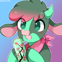 Size: 700x700 | Tagged: safe, artist:picklescatt, arizona (tfh), cow, them's fightin' herds, alternate color palette, arizona iced tea, arizonadorable, bandana, blushing, cloven hooves, community related, cute, female, gradient background, hoof hold, icon, solo