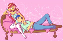 Size: 1600x1036 | Tagged: dead source, safe, artist:pettypop, flash sentry, sunset shimmer, equestria girls, g4, couch, cute, duo, female, male, ship:flashimmer, shipping, straight