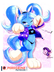 Size: 750x1000 | Tagged: safe, artist:phoenixperegrine, starlight glimmer, trixie, pony, unicorn, semi-anthro, g4, adorasexy, alternate hairstyle, babysitter trixie, belly button, bipedal, blushing, bra, cat ears, cat keyhole bra set, cat lingerie, chibi, clothes, cute, cute little fangs, diatrixes, drool, fangs, female, hoodie, horn, lingerie, looking at you, meow, one eye closed, panties, patreon, patreon logo, paw gloves, paw pads, paw patrol, paw socks, pigtails, sexy, side knot underwear, text, twintails, underwear, wink, winking at you