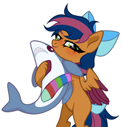 Size: 2052x2124 | Tagged: safe, artist:ash12, oc, oc only, oc:solar comet, pegasus, pony, shark, g4, bipedal, blåhaj, bow, clothes, commission, cute, disguise, disguised changedling, eyelashes, hair bow, high res, hug, looking at you, plushie, shark plushie, simple background, smug, sock, socks, solo, spread wings, striped socks, tail bow, tongue out, transparent background, wings, ych result