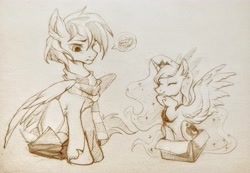 Size: 4512x3130 | Tagged: safe, artist:patrick, princess luna, oc, oc:legendary cn, alicorn, pegasus, pony, g4, amused, box, clothes, cute, duo, if i fits i sits, monochrome, scarf, size difference, spread wings, traditional art, wingboner, wings