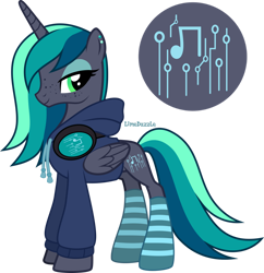 Size: 1280x1322 | Tagged: safe, artist:limedazzle, oc, oc only, oc:sonic wave, alicorn, pony, alicorn oc, clothes, concave belly, female, headphones, hoodie, horn, mare, show accurate, simple background, slender, solo, thin, transparent background, wings