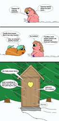Size: 1360x2768 | Tagged: safe, artist:foxhoarder, fluffy pony, cold, comic, fluffy pony foals, fluffy pony mother, implied pooping, implied scat, outhouse, pine tree, snow, toilet, toilet humor, tree, warming up, winter