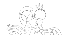 Size: 1920x1080 | Tagged: safe, artist:noidavaliable, edit, gallus, silverstream, classical hippogriff, griffon, hippogriff, g4, cute, diastreamies, eyes closed, female, gallabetes, gift art, interspecies, kissing, male, ship:gallstream, shipping, simplified, spread wings, straight, wingboner, wings