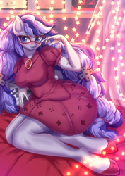 Size: 2480x3508 | Tagged: safe, alternate version, artist:hikerumin, oc, oc only, oc:cinnabyte, anthro, breasts, clothes, dress, female, glasses, gloves, high res, looking at you, multiple variants, pigtails, solo