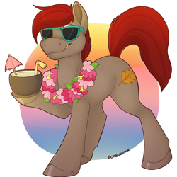 Size: 2000x2000 | Tagged: safe, artist:onecoolmule, oc, oc only, oc:autumn leaf, earth pony, pony, cocktail, cocky, coconut cup, commission, floral necklace, frog (hoof), grin, high res, lei, lifted leg, short mane, smiling, straw, summer, sunglasses, underhoof, vacation
