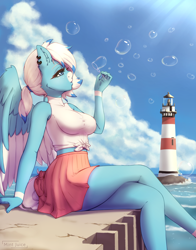 Size: 2784x3543 | Tagged: safe, artist:mintjuice, oc, oc only, oc:freezing blizzard, pegasus, anthro, anthro oc, blouse, bubble, clothes, cloud, commission, female, front knot midriff, high res, lighthouse, mare, midriff, pier, sitting, skirt, sleeveless, solo, water, ych result