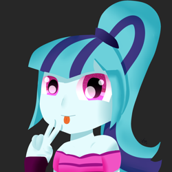 Size: 1560x1560 | Tagged: safe, artist:nicxchy, sonata dusk, equestria girls, g4, black background, female, peace sign, simple background, solo, tongue out
