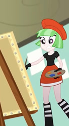 Size: 453x828 | Tagged: safe, screencap, drama letter, watermelody, equestria girls, g4, my little pony equestria girls: better together, beret, clothes, cropped, easel, female, gloves, hat, legs, paintbrush, painting, skirt, solo