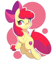 Size: 1280x1463 | Tagged: safe, artist:kindakismet, apple bloom, earth pony, pony, g4, adorabloom, apple, apple bloom's bow, bitten apple, bow, cute, female, food, hair bow, looking at you, simple background, smiling, smiling at you, solo