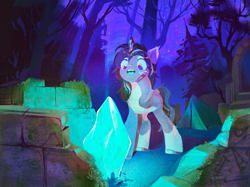 Size: 1024x766 | Tagged: safe, artist:dearmary, oc, oc only, oc:rivibaes, pony, unicorn, forest, gem, glowing, night, ruins, solo, tent, tree