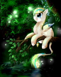 Size: 1600x2000 | Tagged: safe, artist:intfighter, oc, oc only, pegasus, pony, colored hooves, leaves, leonine tail, pegasus oc, perching, pond, solo, tree, tree branch, water, wings