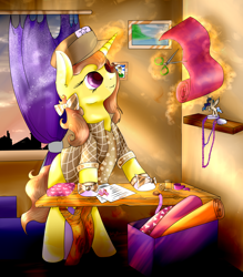 Size: 2072x2368 | Tagged: safe, artist:intfighter, oc, oc only, pony, unicorn, cloth, clothes, cloud, curtains, hat, high res, horn, solo, twilight (astronomy), unicorn oc