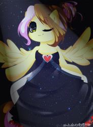 Size: 1096x1499 | Tagged: safe, artist:beabi-chan, oc, oc only, oc:aria sunsong, pegasus, semi-anthro, arm hooves, clothes, dress, female, looking at you, one eye closed, pegasus oc, solo, wings, wink