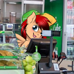 Size: 1000x1000 | Tagged: safe, artist:tokokami, oc, oc only, oc:alex bash, pegasus, pony, apple, artist, cookie, employee, food, irl, pegasus oc, photo, ponies in real life, real life background, solo, spread wings, subway, wings