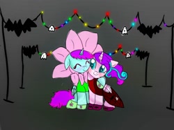 Size: 1080x810 | Tagged: safe, artist:bellas.den, princess flurry heart, oc, alicorn, bat, pony, g4, alicorn oc, christmas, christmas lights, clothes, dress, duo, eyes closed, female, holiday, horn, mare, older, older flurry heart, side hug, smiling, wings