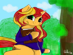 Size: 1080x810 | Tagged: safe, artist:bellas.den, sunset shimmer, pony, unicorn, g4, book, clothes, cloud, outdoors, signature, sitting, smiling, trace, tree
